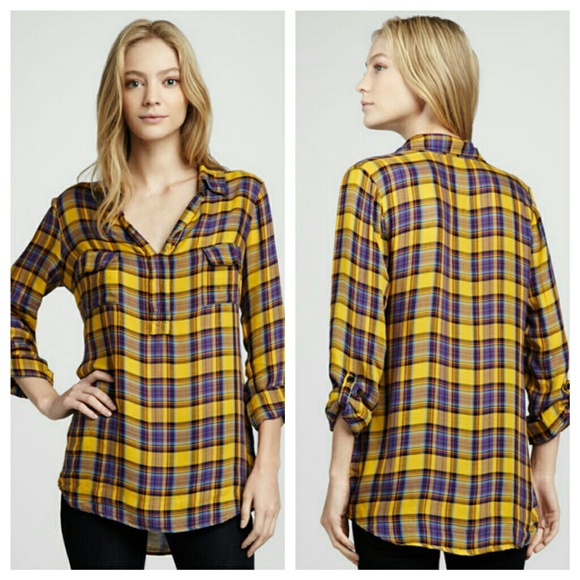 NFS SPLENDID plaid rayon rolled sleeves top L - Picture 3 of 6