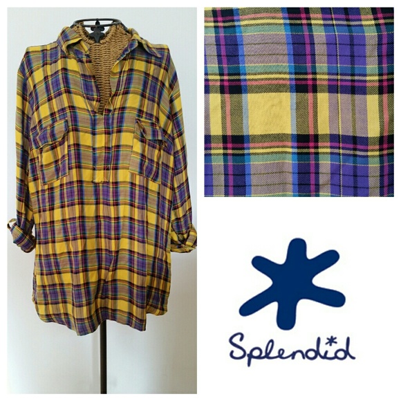 NFS SPLENDID plaid rayon rolled sleeves top L - Picture 4 of 6