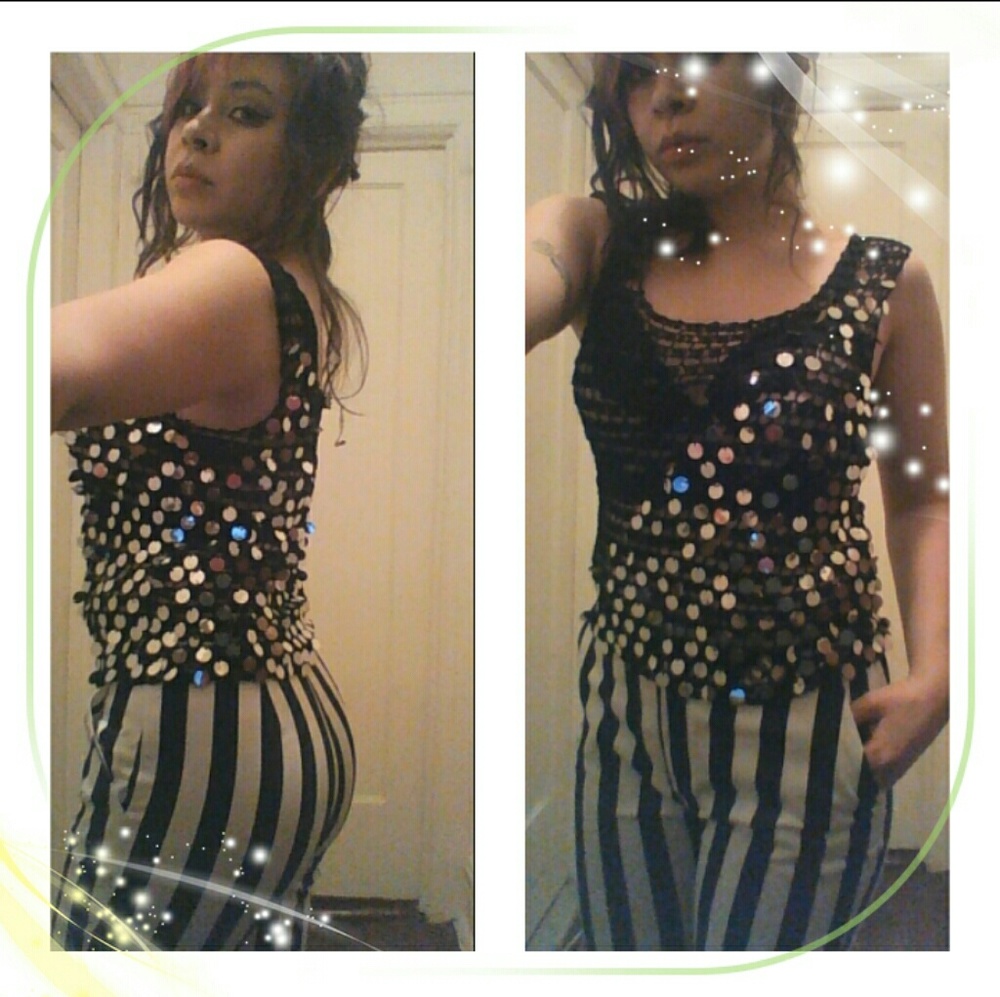 Vintage 80s crochet sequin see through tank rayon
