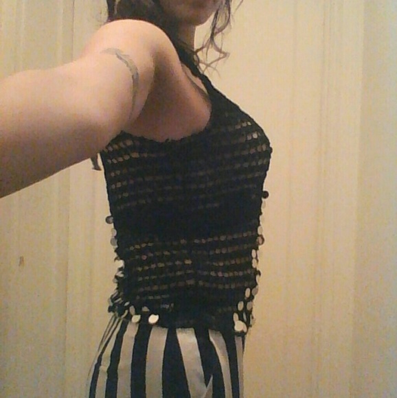 Vintage 80s crochet sequin see through tank rayon - Picture 3 of 6