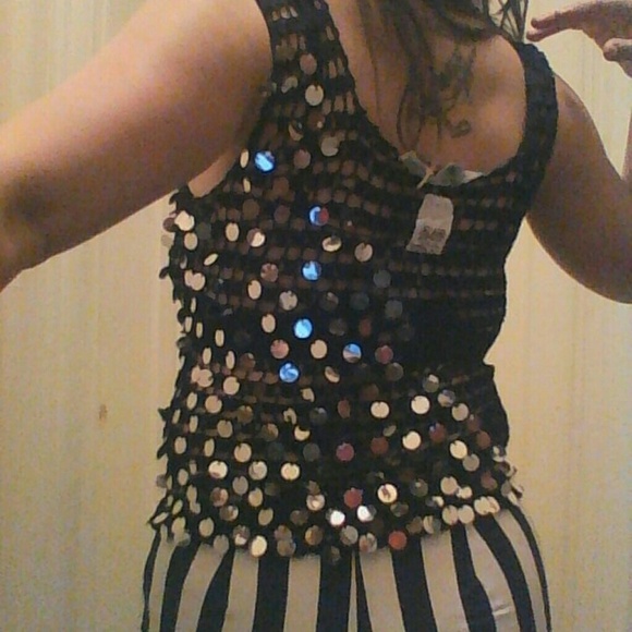 Vintage 80s crochet sequin see through tank rayon - Picture 4 of 6