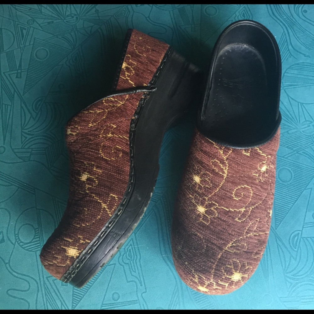 Dansko brown and gold flower shoes