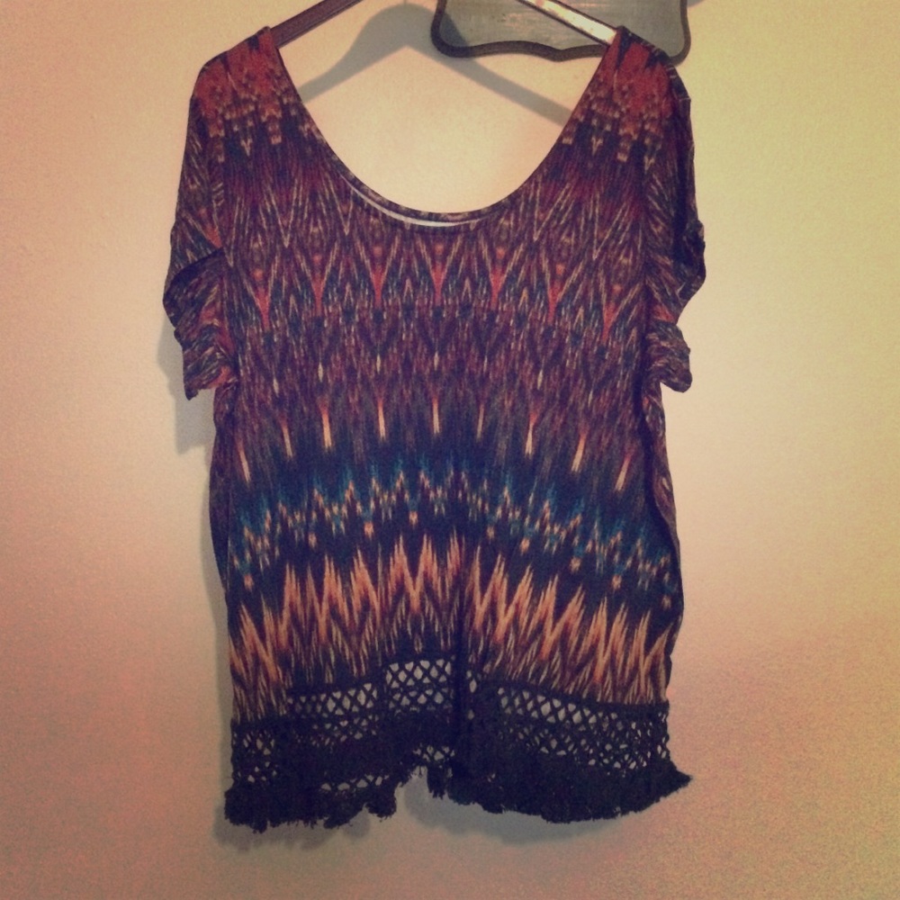 Tie dye top with crochet & fringe bottom.