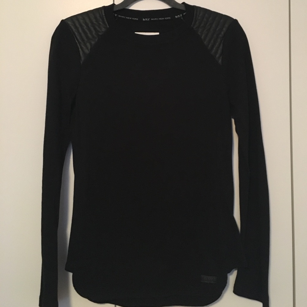 Black Long Sleeve Shirt with Leather Shoulders
