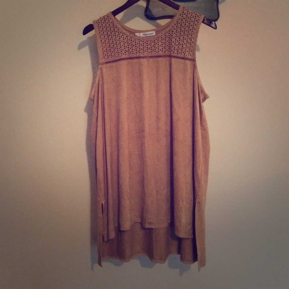 Tan "suede" top with cut out shoulders.