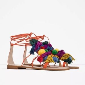 NWT ZARA POM POM LEATHER LACE UP SANDAL SIZE 6.5