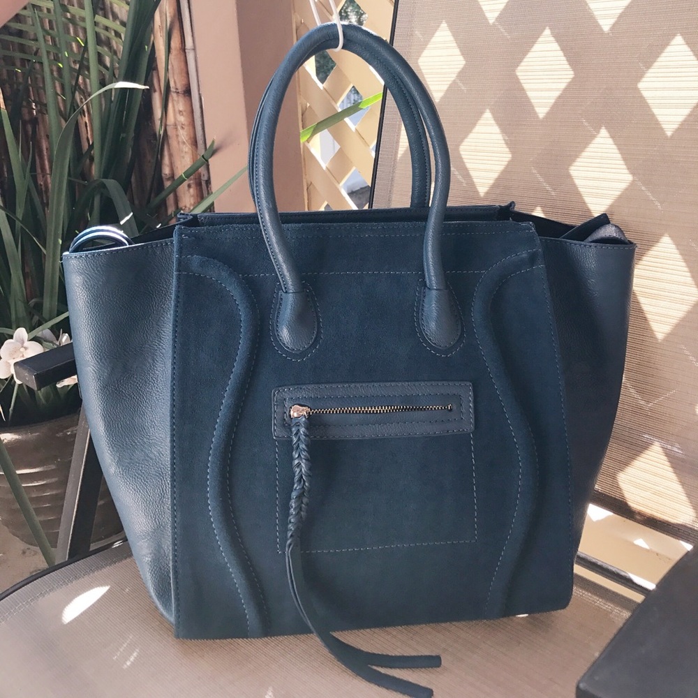 Blue leather tote with shoulder strap