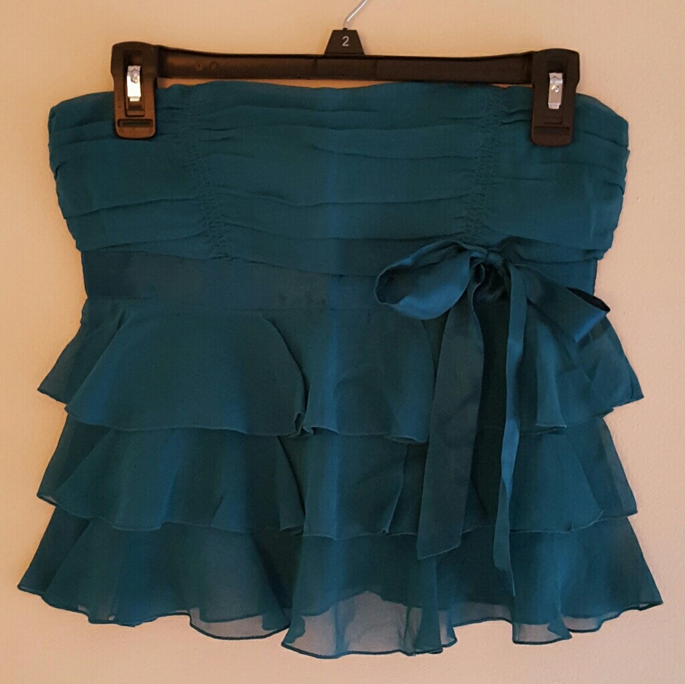 bebe teal strapless ruffled silk top