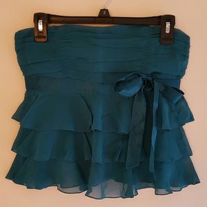 bebe teal strapless ruffled silk top