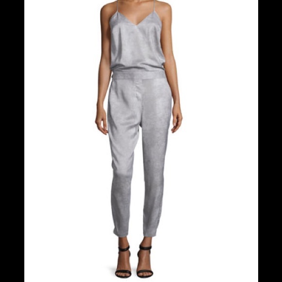 Halston Heritage Slim Leg Metallic Grey Jumpsuit - Picture 2 of 4