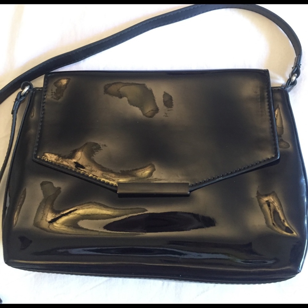 Shiny black patent leather cross body bag
