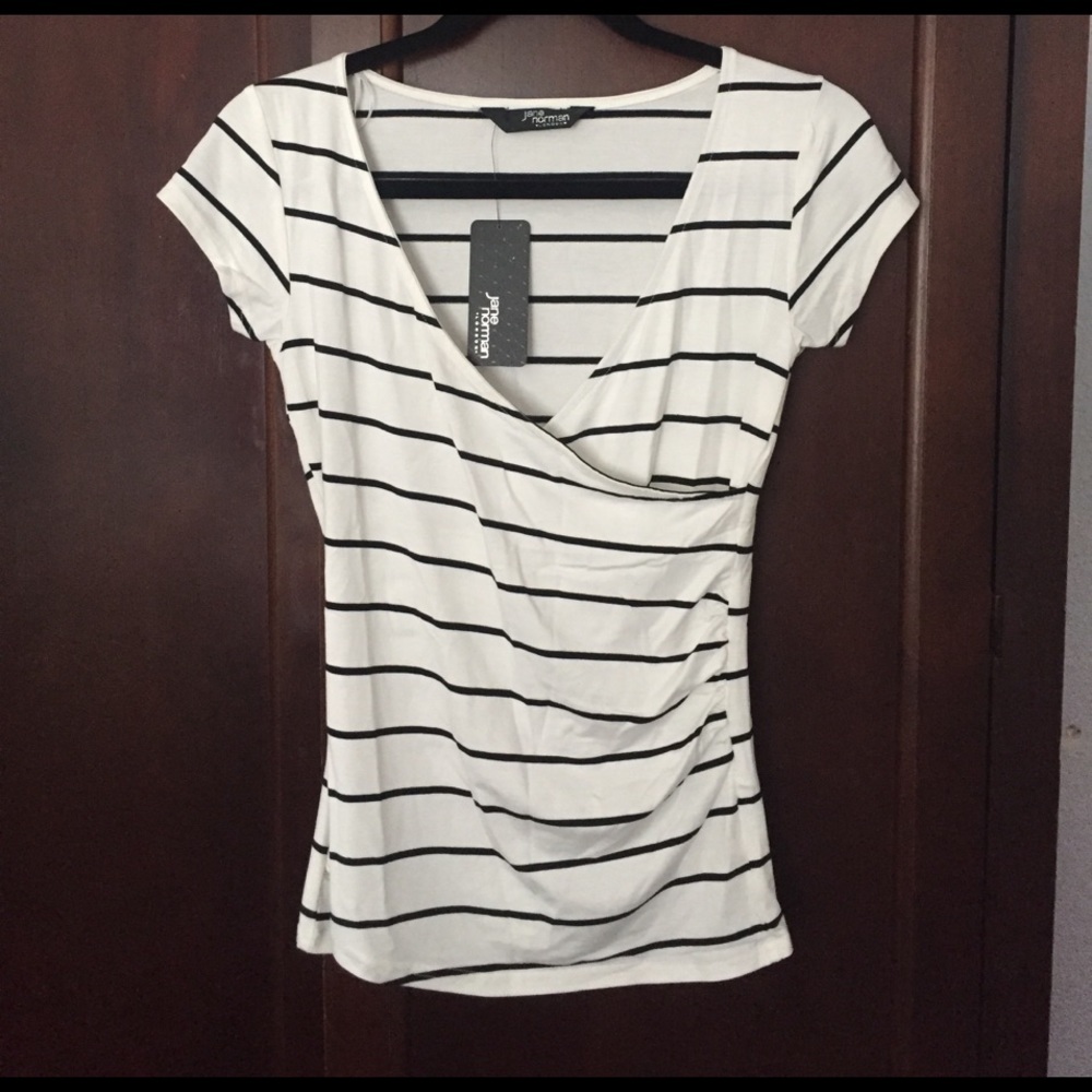 White wrap t-shirt with black stripes. NWT