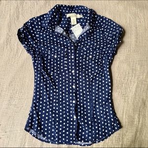 H&M Blue Polka Dot Rolled Short Sleeve Top (NWT)