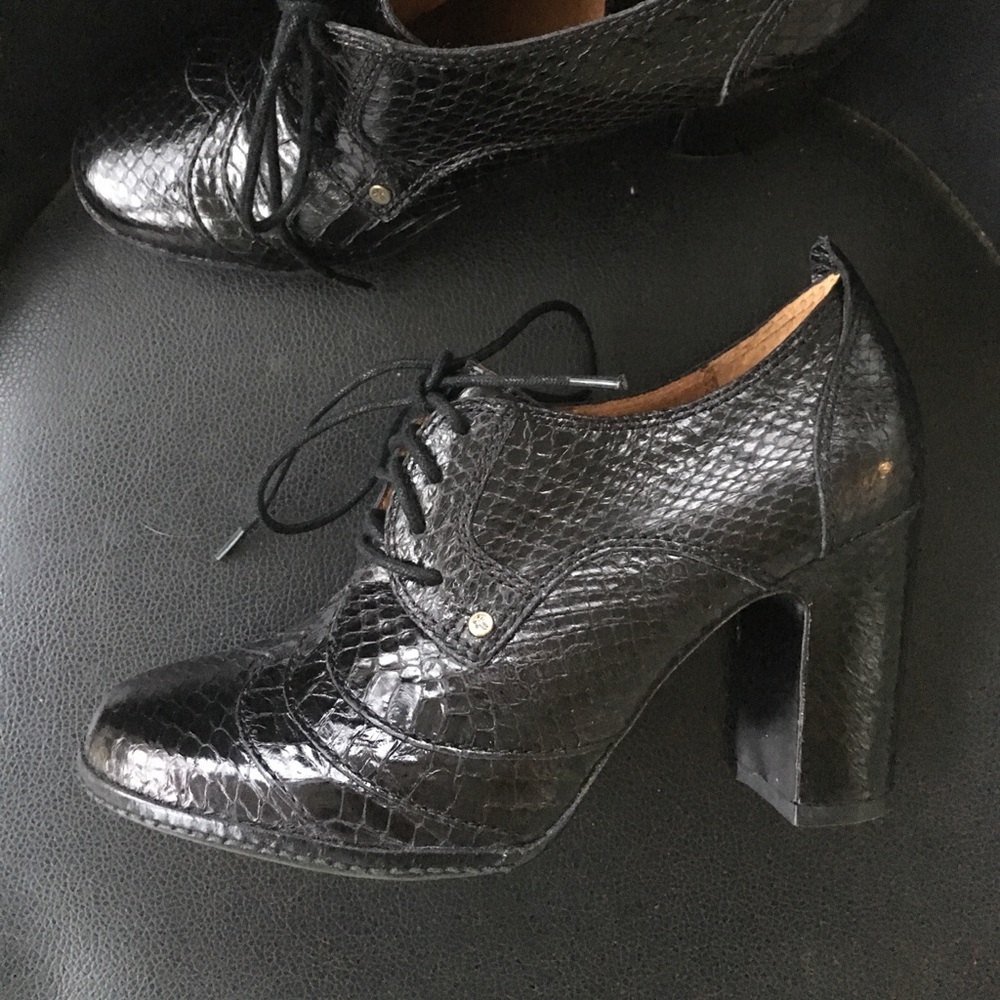Adrienne Oxford Lace-up Booties Heels Snake Skin