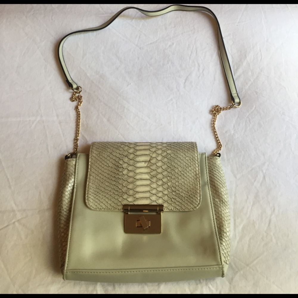 Cream snake print patent crossbody bag