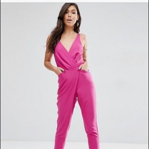Magenta wrap front peg leg jumpsuit