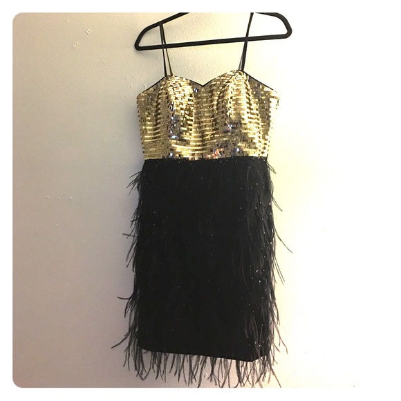 Gold Sequined and Black Feather Dress - Picture 1 of 4