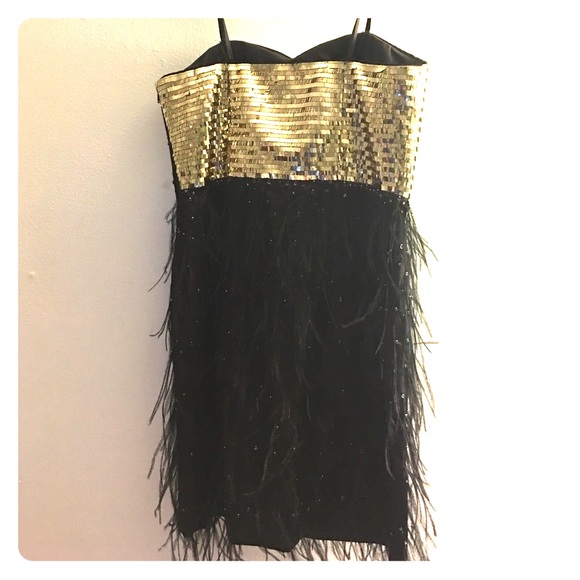 Gold Sequined and Black Feather Dress - Picture 2 of 4