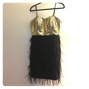 Gold Sequined and Black Feather Dress