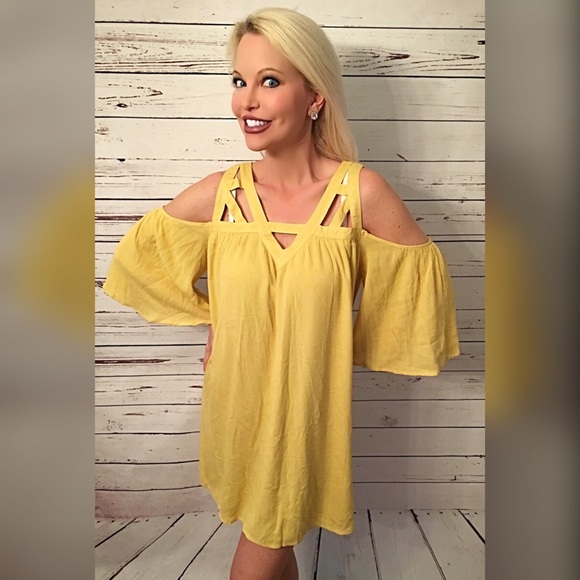 Mustard Strappy lined open shoulder dress! - Picture 2 of 3