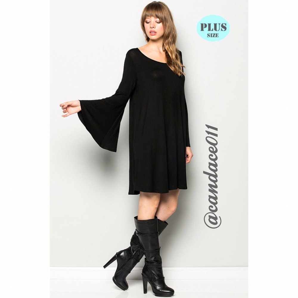 Bell Sleeved Dress (Black) 2X-3X - Picture 3 of 6