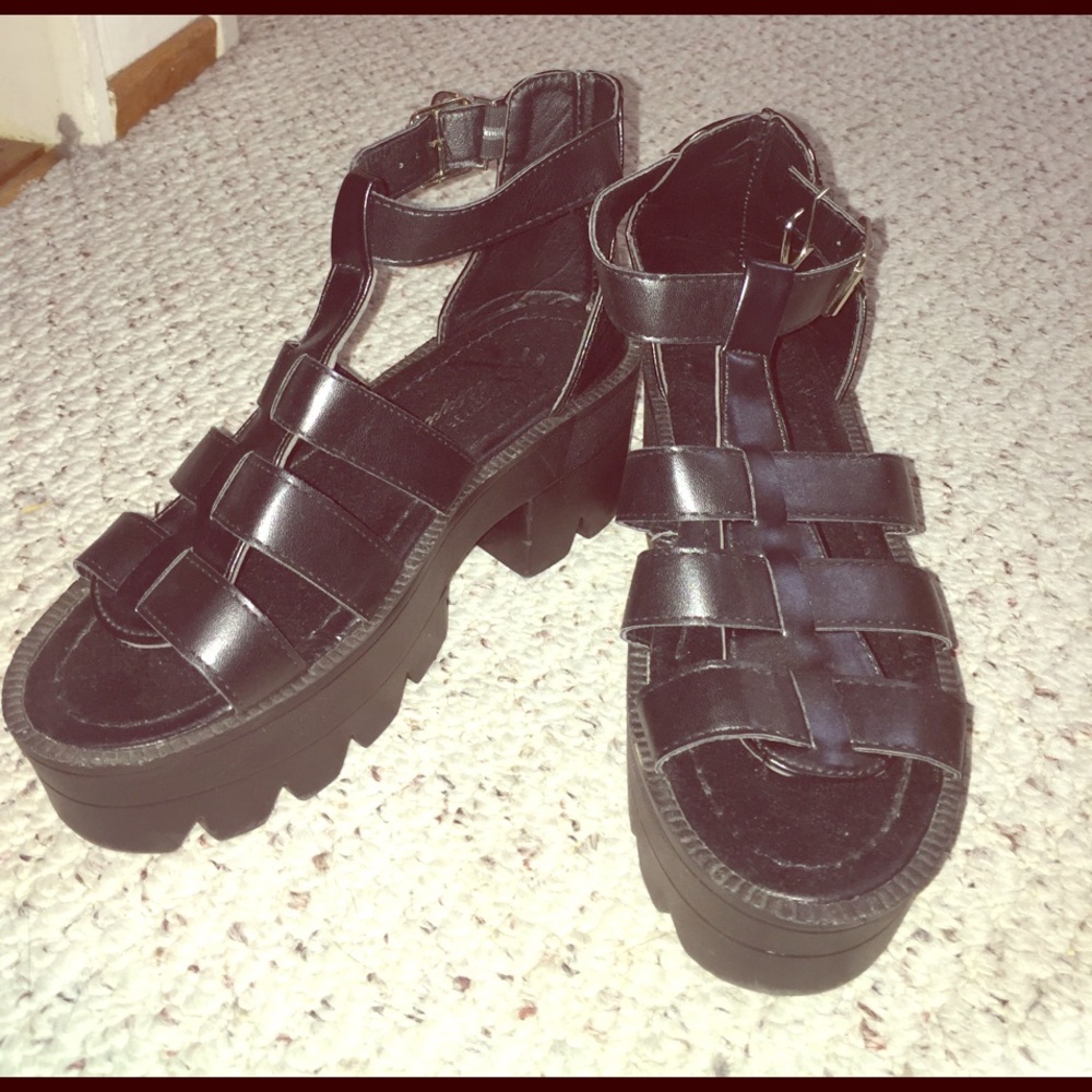 Black chunky platform heels sandals