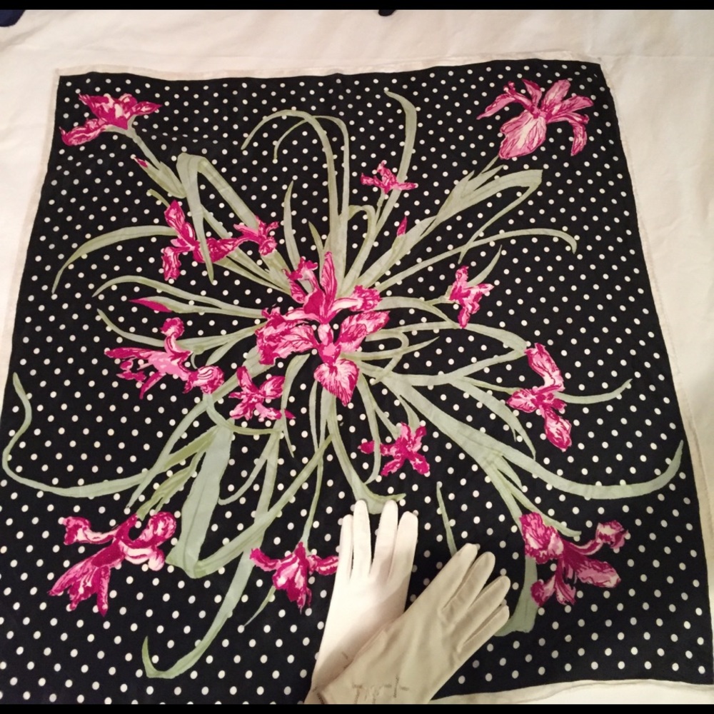 Lovely Vintage Scarf, Dots & Iris, 28" Square Silk