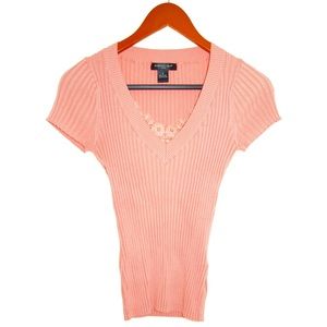 August Silk Knits Pink Lace V-neck Top EXCELLENT!