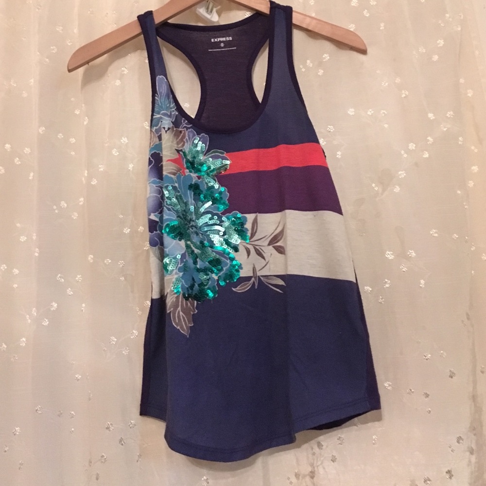 Express xs tback tank w sequin flowers
