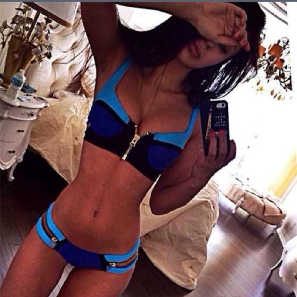 Retro, blue contrast padded bikini w/ zippers