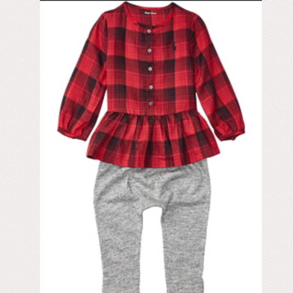 Red and black Ralph Lauren ruffled top and joggers