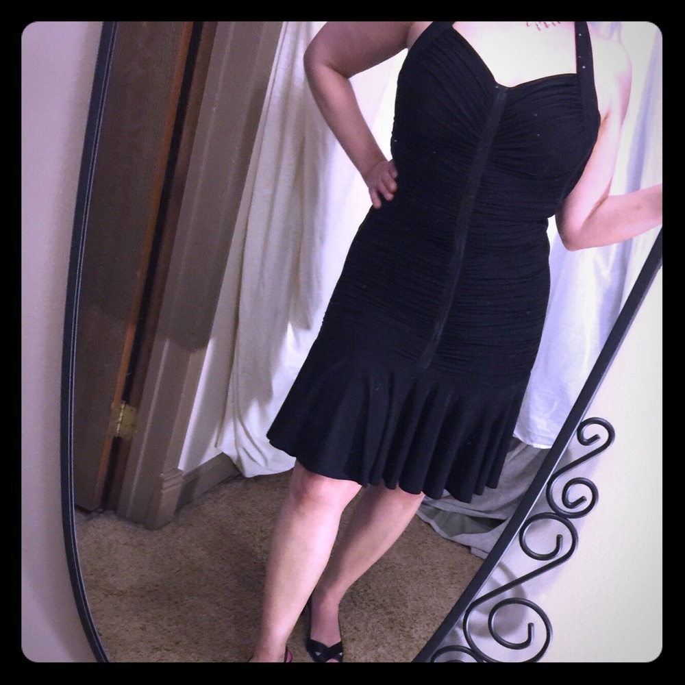 Tadashi black halter bodycon dress w/flirty bottom - Picture 2 of 6