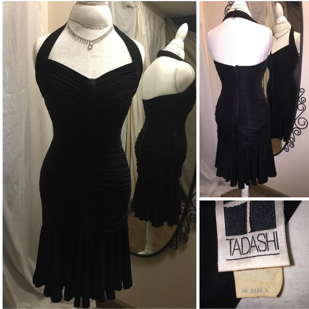 Tadashi black halter bodycon dress w/flirty bottom