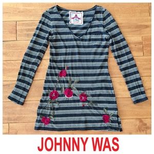 $354 Johnny Was Embroidered Stripe Tunic Dress