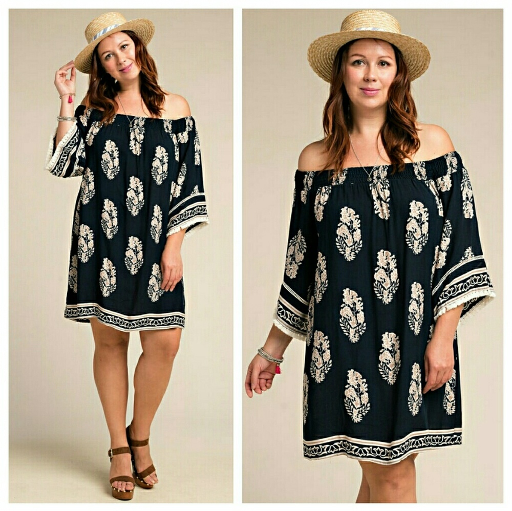 LAST ONE! Navy Off-Shoulder Dress With Mocha Trim