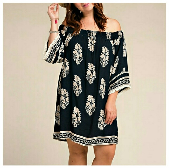 LAST ONE! Navy Off-Shoulder Dress With Mocha Trim - Picture 2 of 3