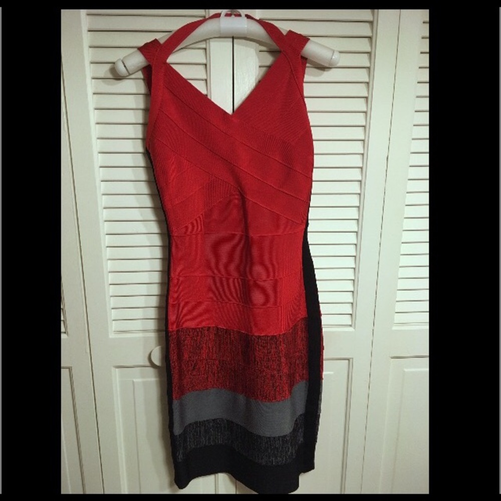 Red Gray and Black Herve Leger bandage dress