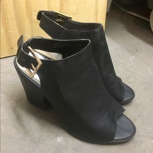 Peep toe open heel black boots with heel