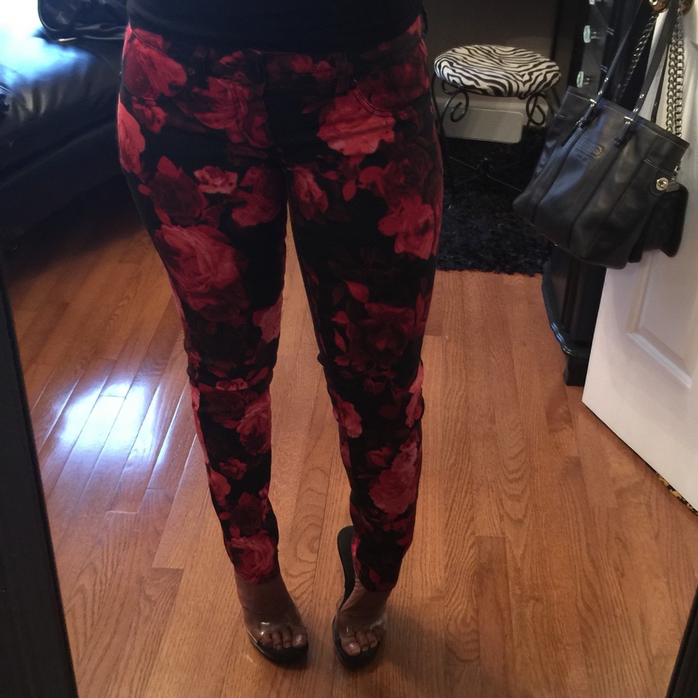red and black  flowered  jeans