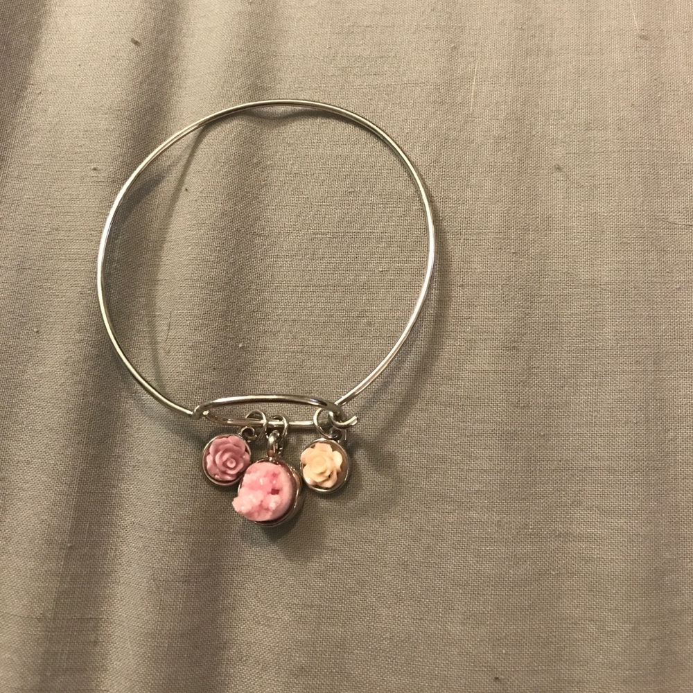 Pink druzy and rose charms bracelet