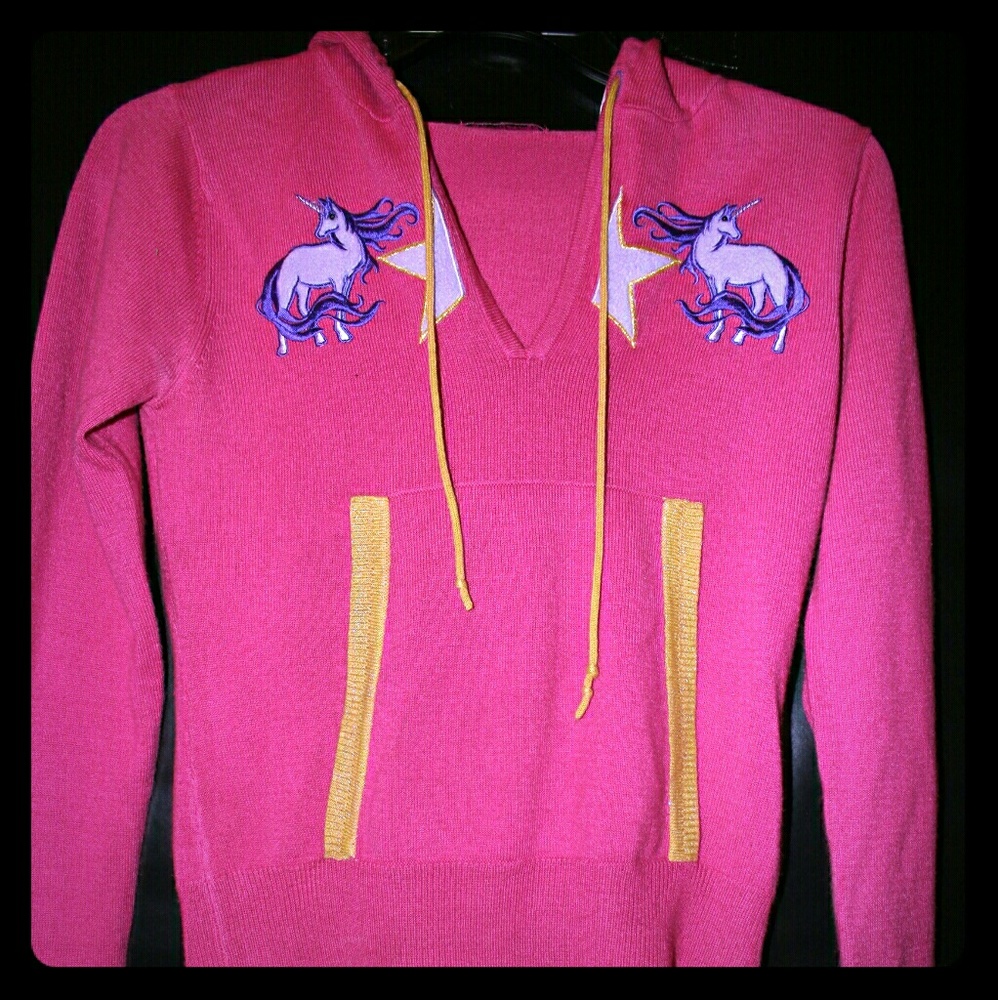 Heatherette sweater. Hot pink with purple unicorns
