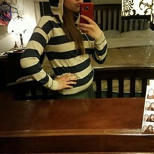 Striped blue and cream shirt with a hood