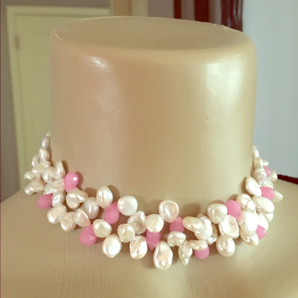 Choker Rose Petal Pink Quartz w Satin White Pearls