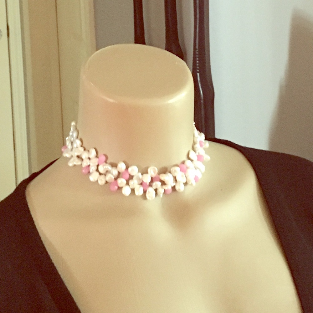 Choker Rose Petal Pink Quartz w Satin White Pearls - Picture 2 of 3