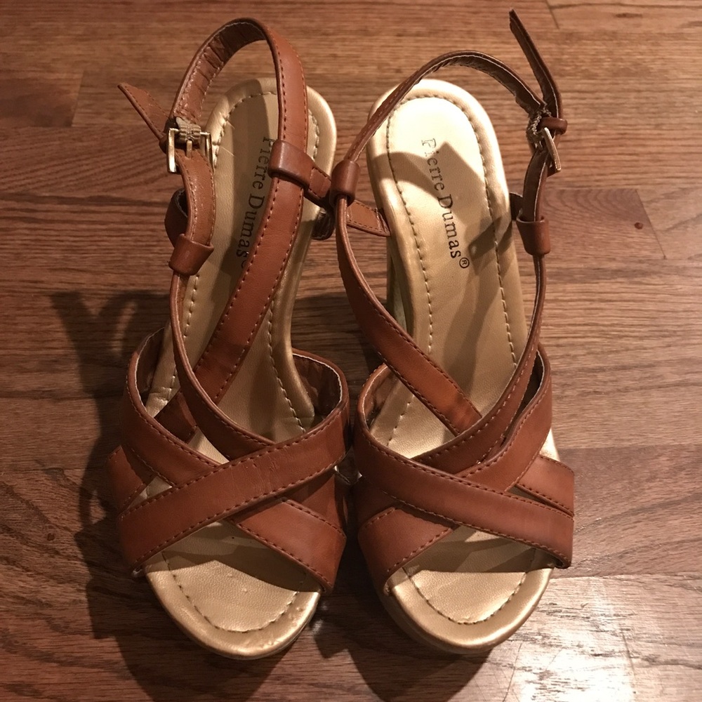 Tan Leather Slingback Wedge Heels