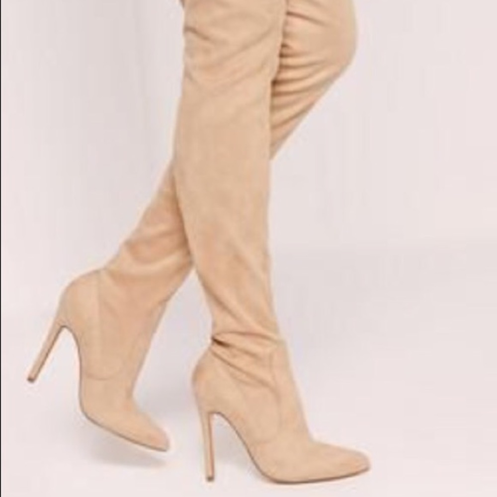 Nude Faux Suede Over The Knee Heeled Boots