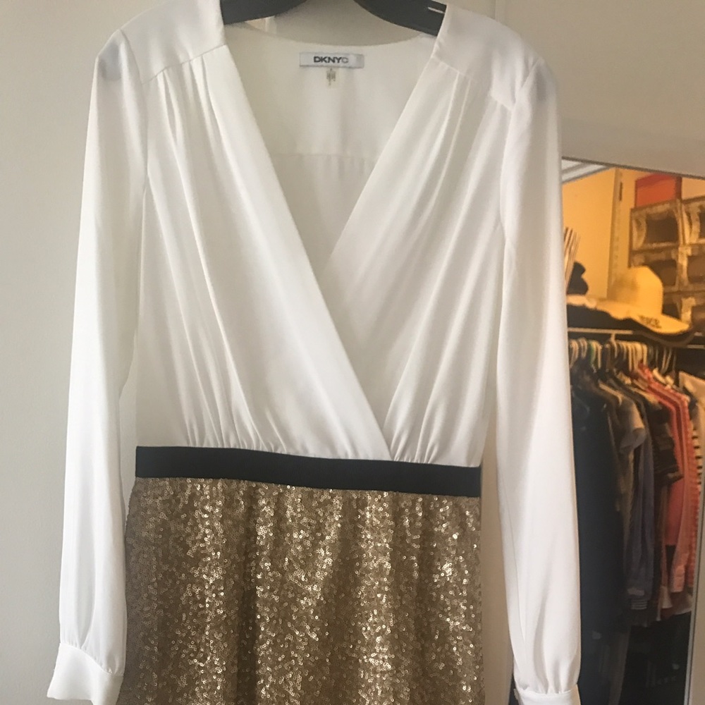 DKNY Ivory and gold sequin dress