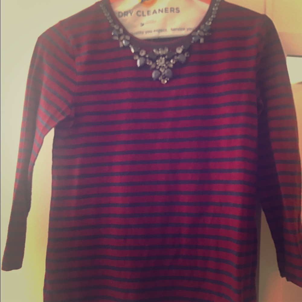 J. Crew elbow sleeve stripe top with jewelled neck