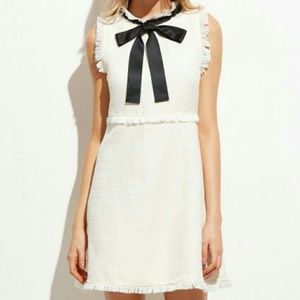 White/cream color bow tie neck trim tweed dress.