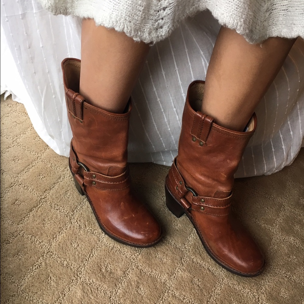 Tan Frye harness mid cafe boots 7